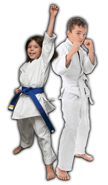 Martial Arts Lessons for Kids in Roy UT - Happy Blue Belt Girl and Focused Boy Banner